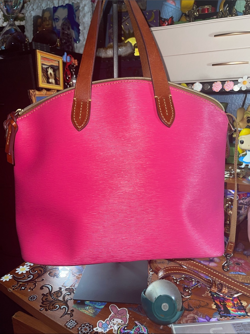 Dooney & Bourke Hot Pink Leather Domed Satchel with Brown leather Handles - Picture 6 of 6